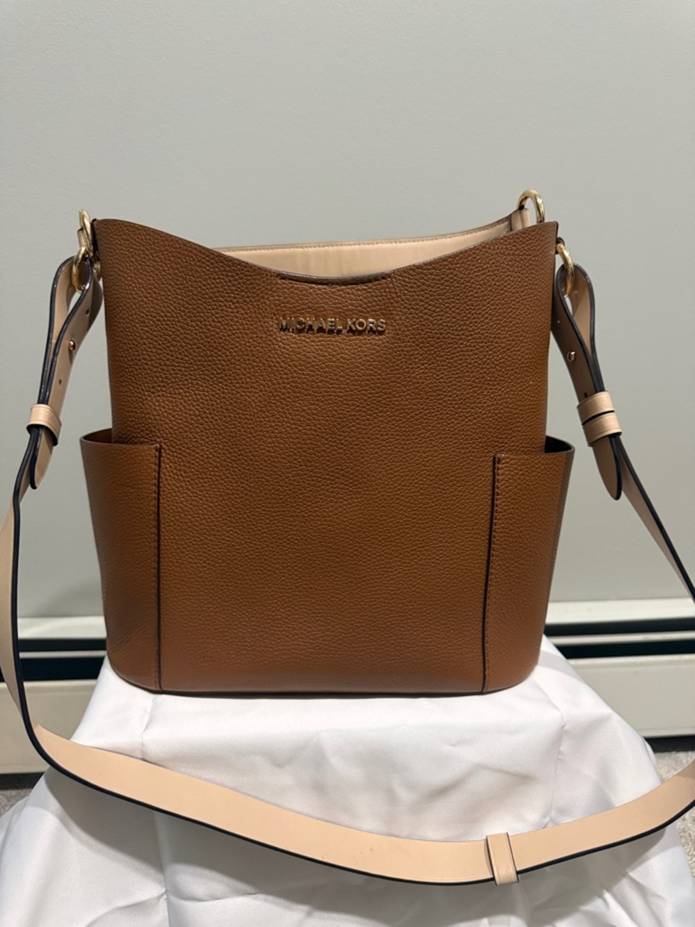 Michael Kors Cognac Pebbled Leather Bucket Shoulder Bag with Nude Strap